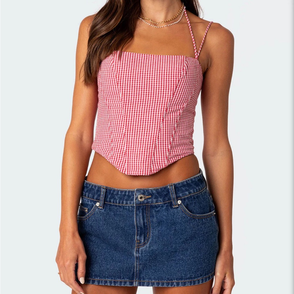 EDIKTED Pippa Gingham Lace Up Corset